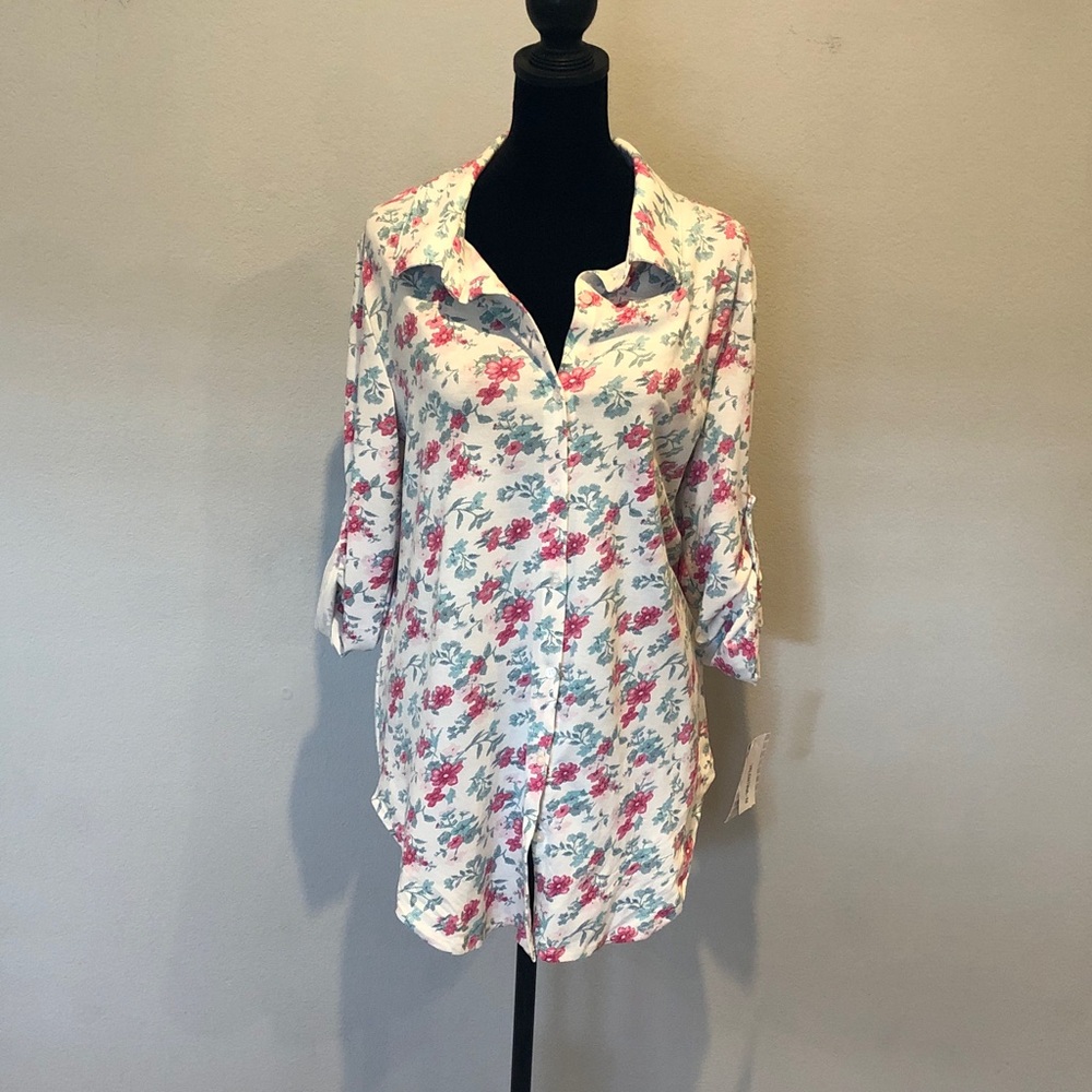 LuLaRoe | Valentina Floral Button Up Blouse | Roll Tab Sleeves | NWT Medium